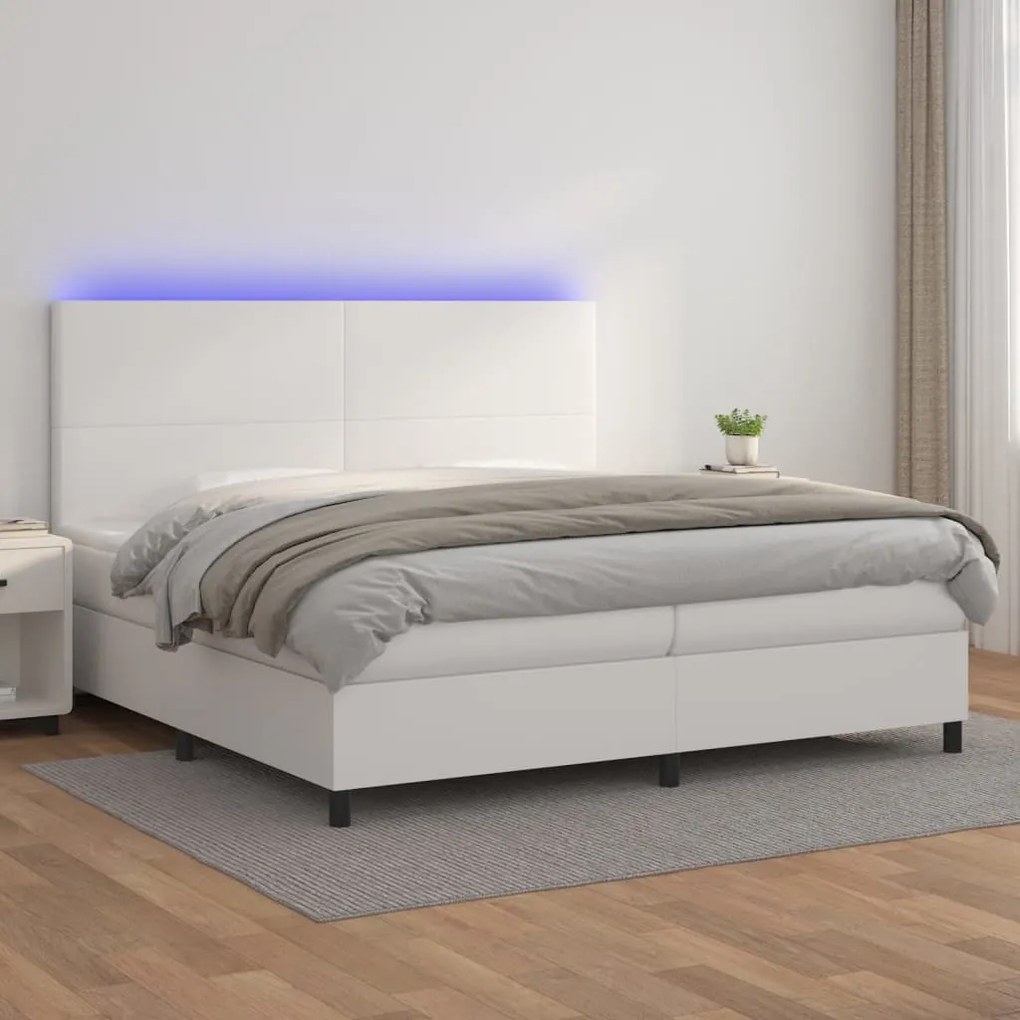 vidaXL Cama box spring c/colchão/LED 200x200cm couro artificial branco