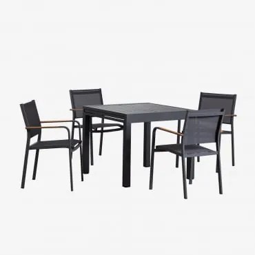 Conjunto De Mesa Retangular 90-180x90 Cm Extensível Em Alumínio Starmi E 4 Cadeiras De Jardim Empilháveis Em Alumínio Archer Cinza Grafito - Sklum