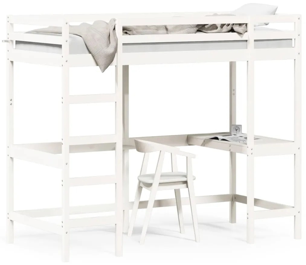 vidaXL Cama alta com secretária 90x190 cm pinho maciço branco
