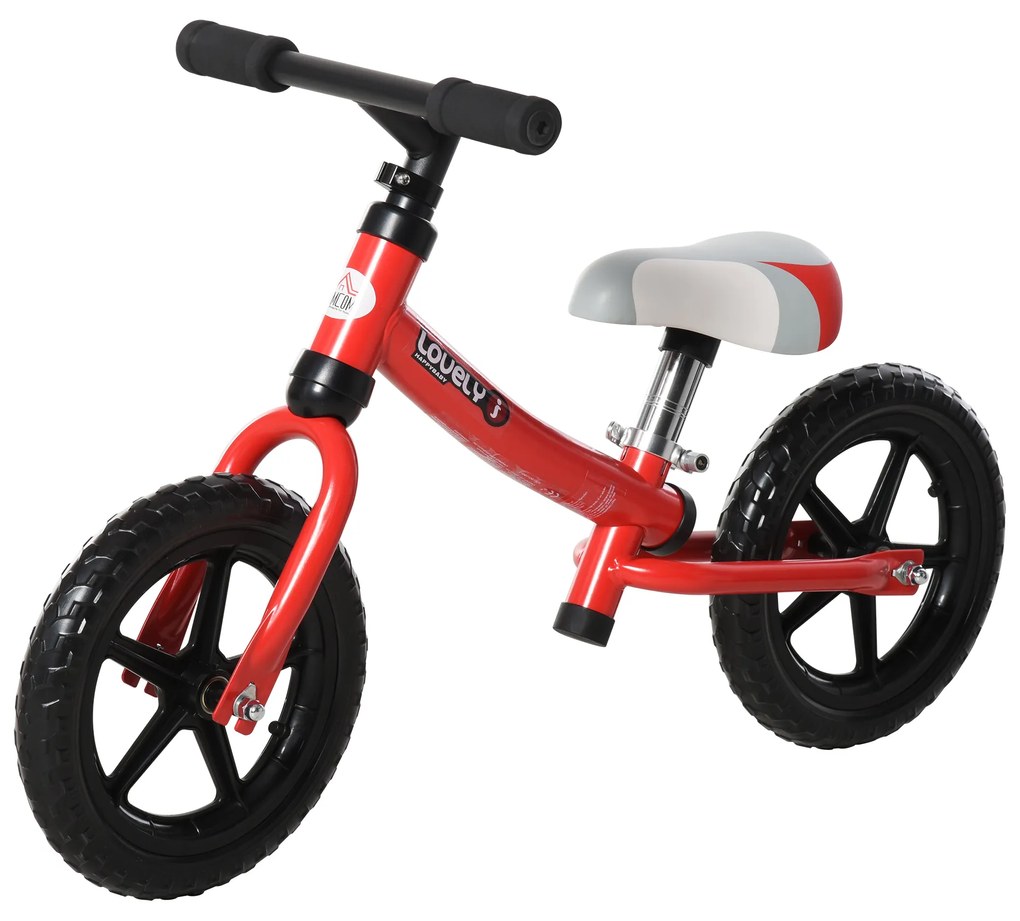 Bicicleta sem pedal para criança acima de 2 anos com selim ajustável em altura Pneus EVA máx. 25 kg Metal 65x33x46 cm Vermelho