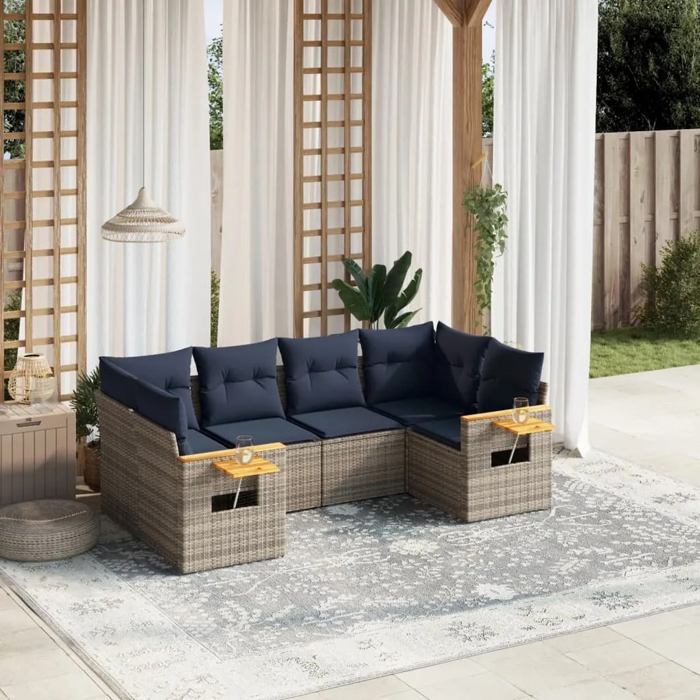 6 pcs conjunto sofás p/ jardim c/ almofadões vime PE cinzento