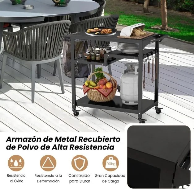 Carrinho de churrasco para exterior com 3 Estantes com 4 rodas e tábua de metal 111 x 50,5 x 93 cm Preto