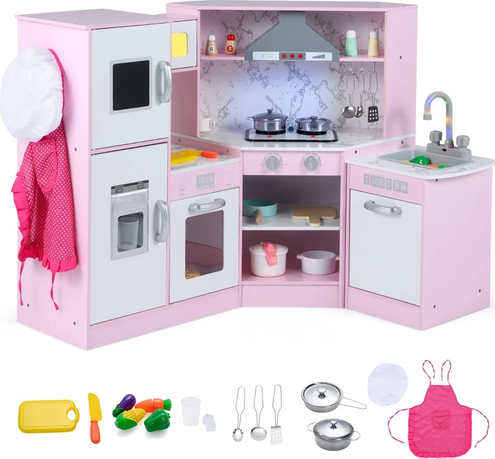 Cozinha de canto brincar em madeira 100 cm x 50 cm x 81 cm com lavatório separado Sons e luzes divertidos para crianças com mais de 3 anos Rosa