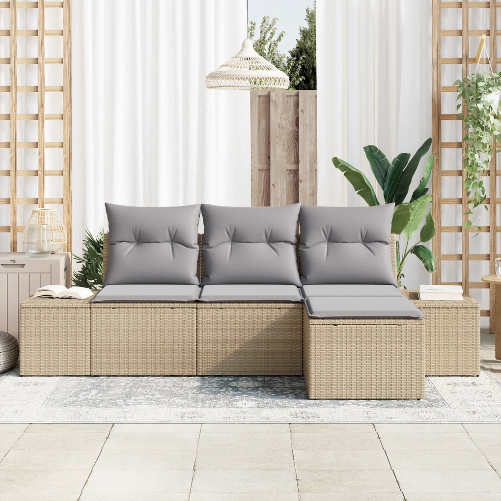 Conjunto de Sofá de Jardim de 4 Peças com Almofadas Bege de Rattan