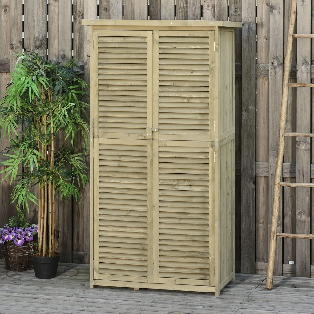 Armário de jardim, arrecadação para ferramentas com pés, 87 x 47 x 160 cm, 2 prateleiras, portas com persianas, telhado impermeável de asfalto, madeir