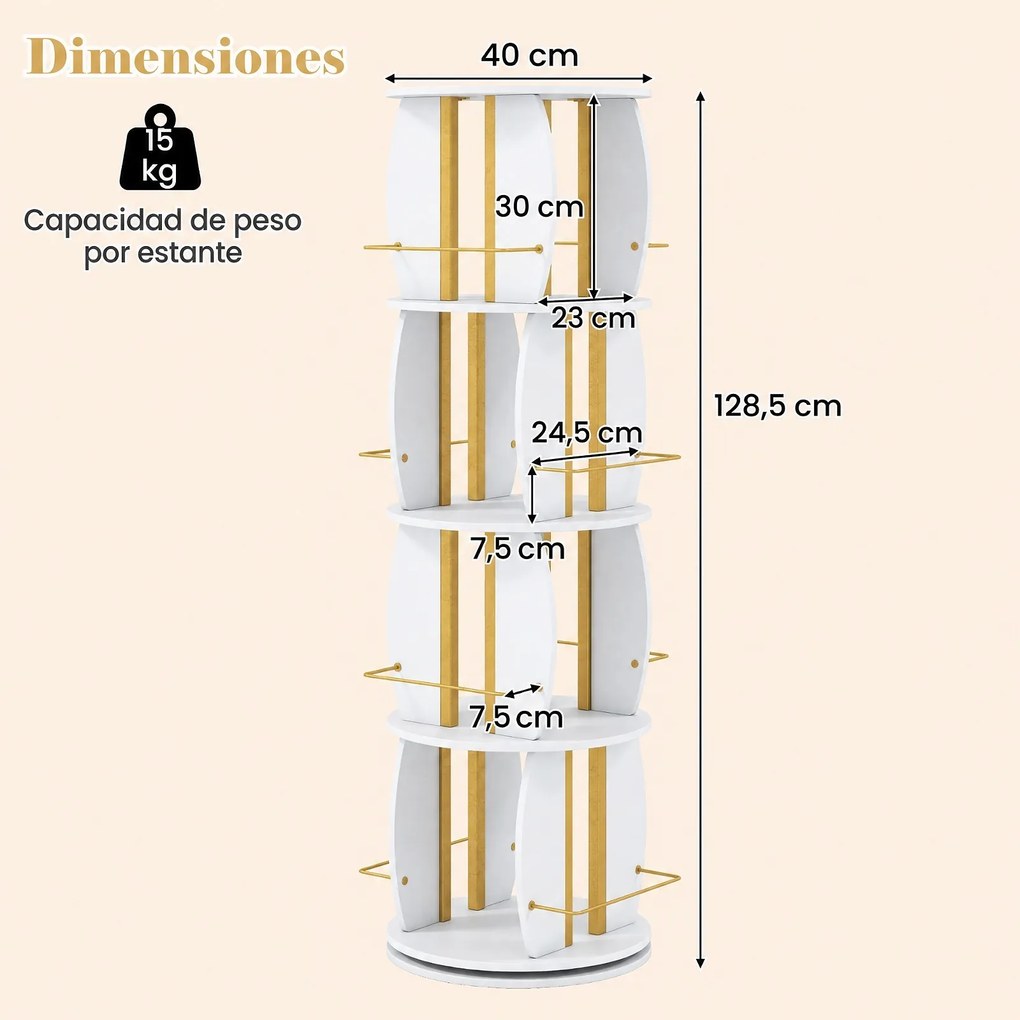 Estante Giratória para Livros de 4 Níveis, 40 x 40 x 128,5 cm, Rotação de 360°, Branco