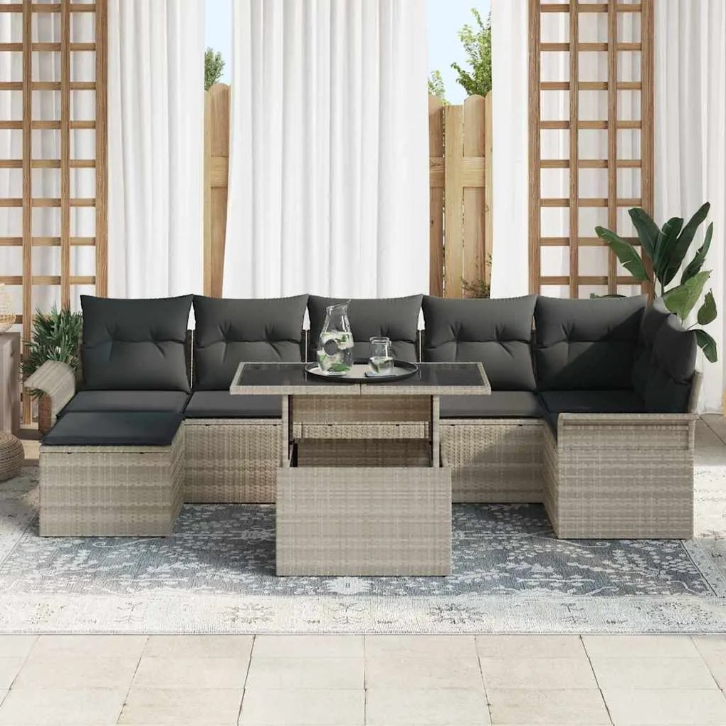 Conjunto de Sofás de Jardim de 8 Peças com Almofadas Cinza Claro em Po