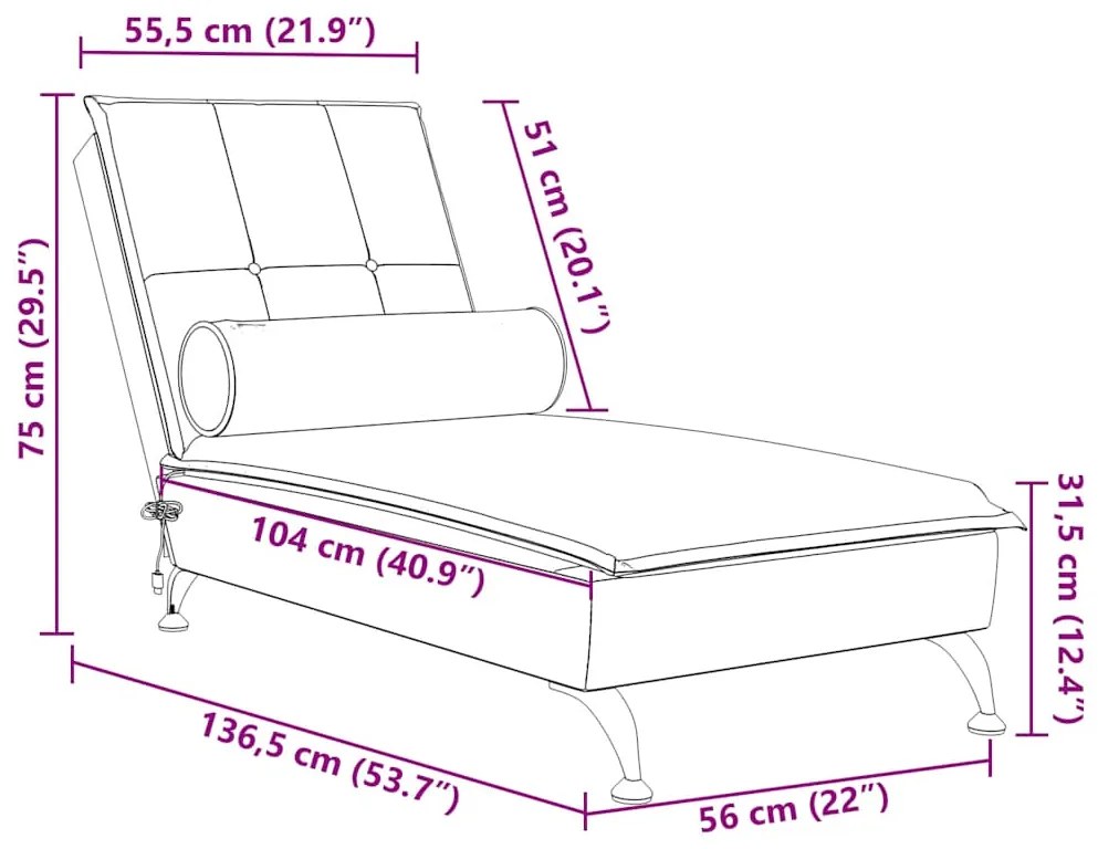 Chaise lounge de massagem com rolo veludo cinzento-claro