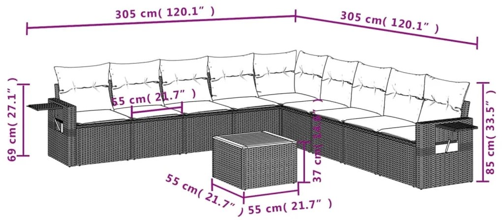 10 pcs conjunto de sofás p/ jardim com almofadões vime PE bege