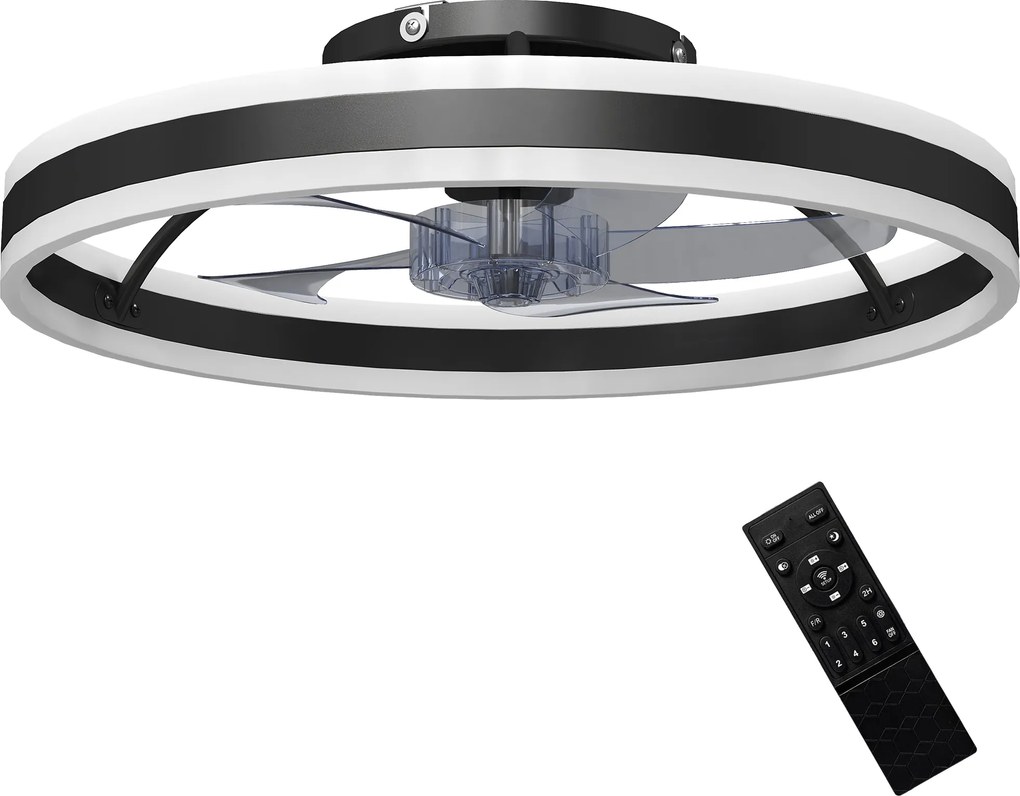 Ventoinha de Teto com Luz LED 6 Velocidades Motor Reversível e Comando Remoto Potência 45 W Ø50x13,5 cm Preto