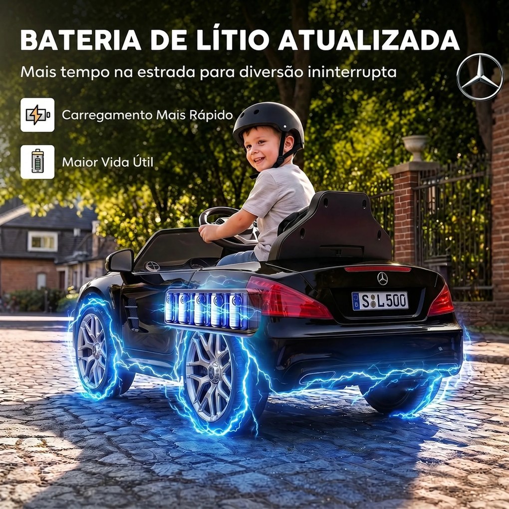 Carro Elétrico Infantil Mercedes-Benz SL500 12V com Comando à Distância 2,4 GHz, 2 Motores, Suspensão e Arranque Suave, Preto