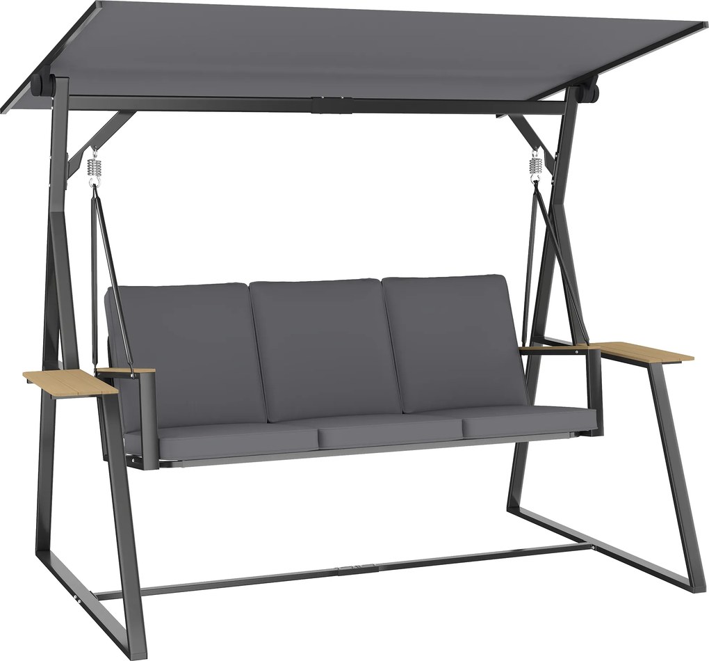 Outsunny Baloiço de Jardim de 3 Lugares com Teto Ajustável UPF50+ 2 Bandejas Almofadas e Estrutura em Metal 222x131x175 cm Cinza | Aosom Portugal