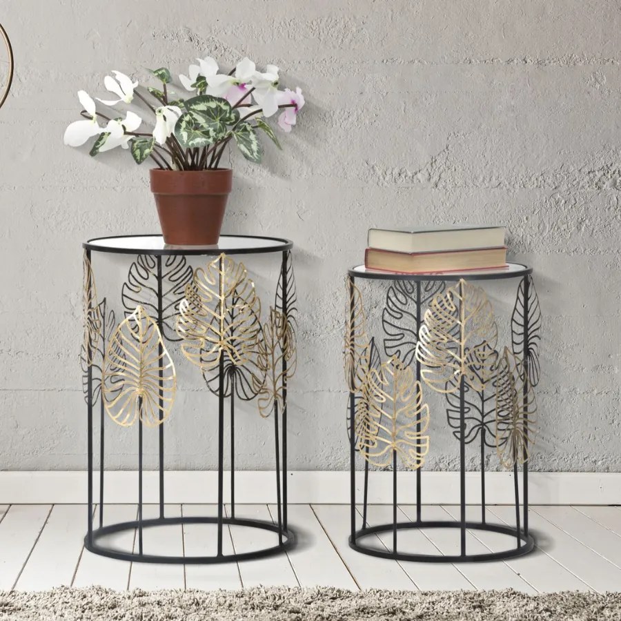 MESA DE APOIO FOGLIE GLAM Ø 38X55-33X50 CM PRETO E DOURADO