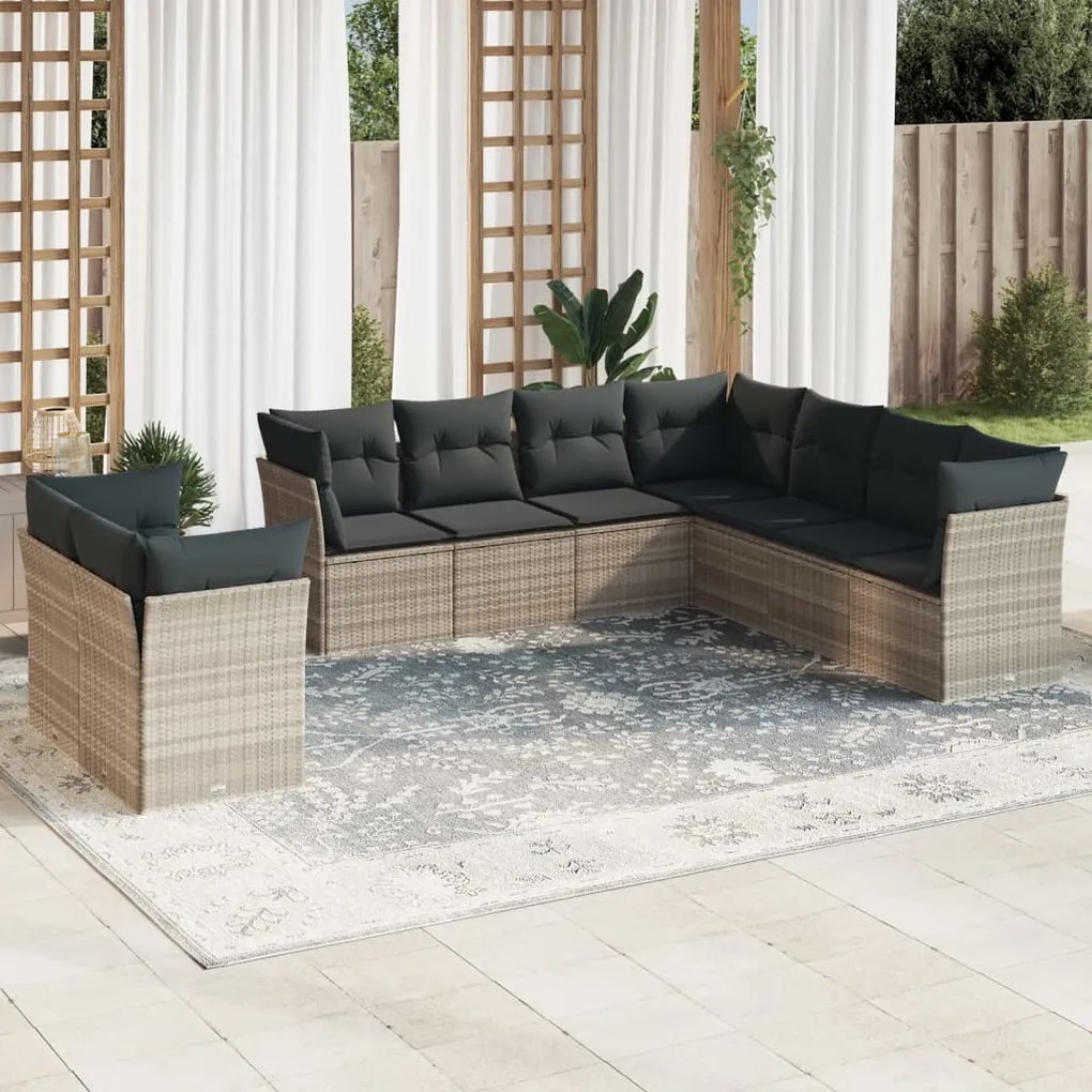 vidaXL 9 pcs conj. sofás jardim com almofadões vime PE cinzento-claro