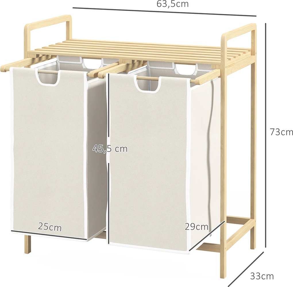 Cesto de roupa suja em bambu com 2 cestos removíveis e deslizantes em tecido não tecido 63,5 x 33 x 73 cm creme