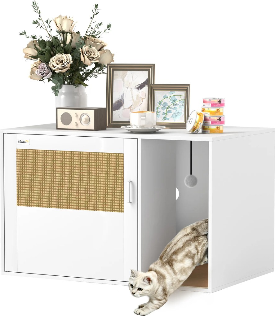 Móvel Caixa de Areia para Gatos Caixa de Areia para Gatos com Tapete de Arranhar e Porta de Vime 80x50x50 cm Branco