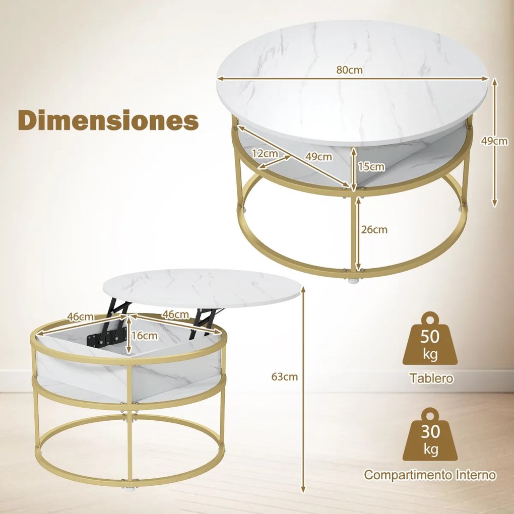 Mesa de Centro Elevável Redonda de 80 cm com Compartimento Oculto e Estantes Laterais Branco e dourado