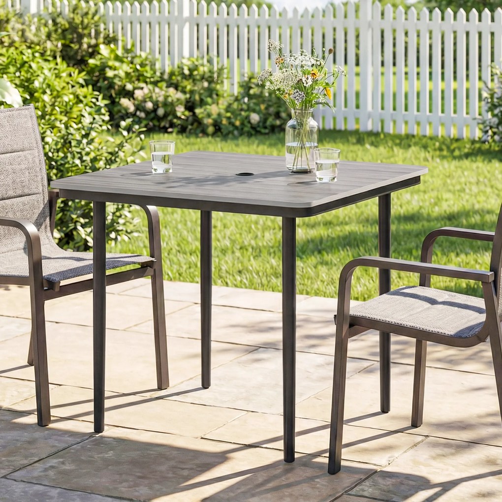 Mesa de jardim retangular para 4 pessoas 85 x 85 x 72,5 cm,, mesa de jantar de exterior com orifício para guarda-sol, cinzenta