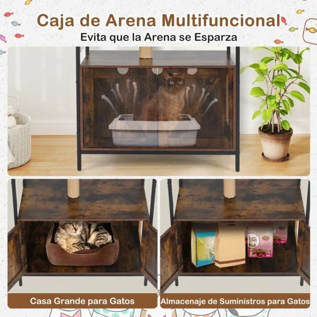 Árvore para gatos 80 x 48 x 150 cm com compartimento para caixa de areia Postes para arranhar Cápsula espacial Bola Castanho Rústico + Preto