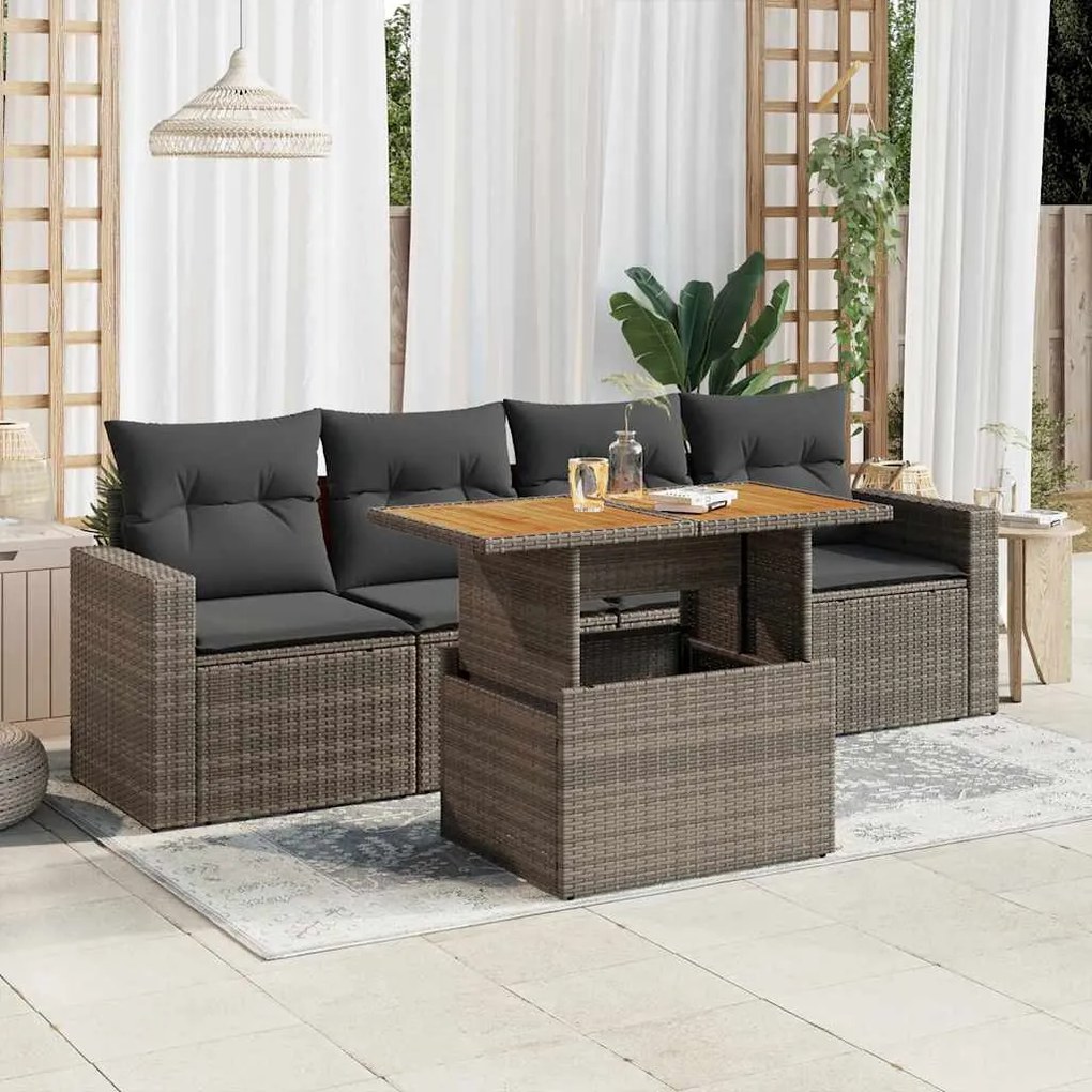 vidaXL 5 pcs conjunto sofás de jardim c/ almofadões vime PE cinzento