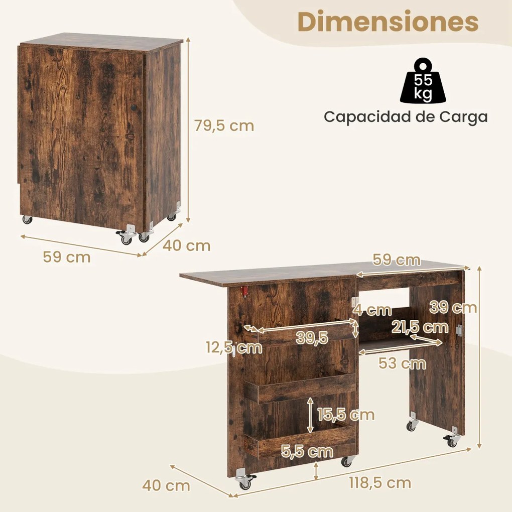 Mesa de costura dobrável com prateleira, 3 compartimentos ocultos e rodas bloqueáveis, 118,5 x 40 x 79,5 cm, castanho