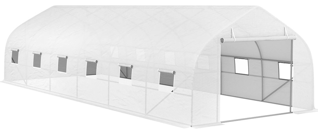 Outsunny Estufa túnel de grande dimensão com lona PE estrutura em aço porta enrolável e 12 janelas 8 x 3 x 2 m branco | Aosom Portugal