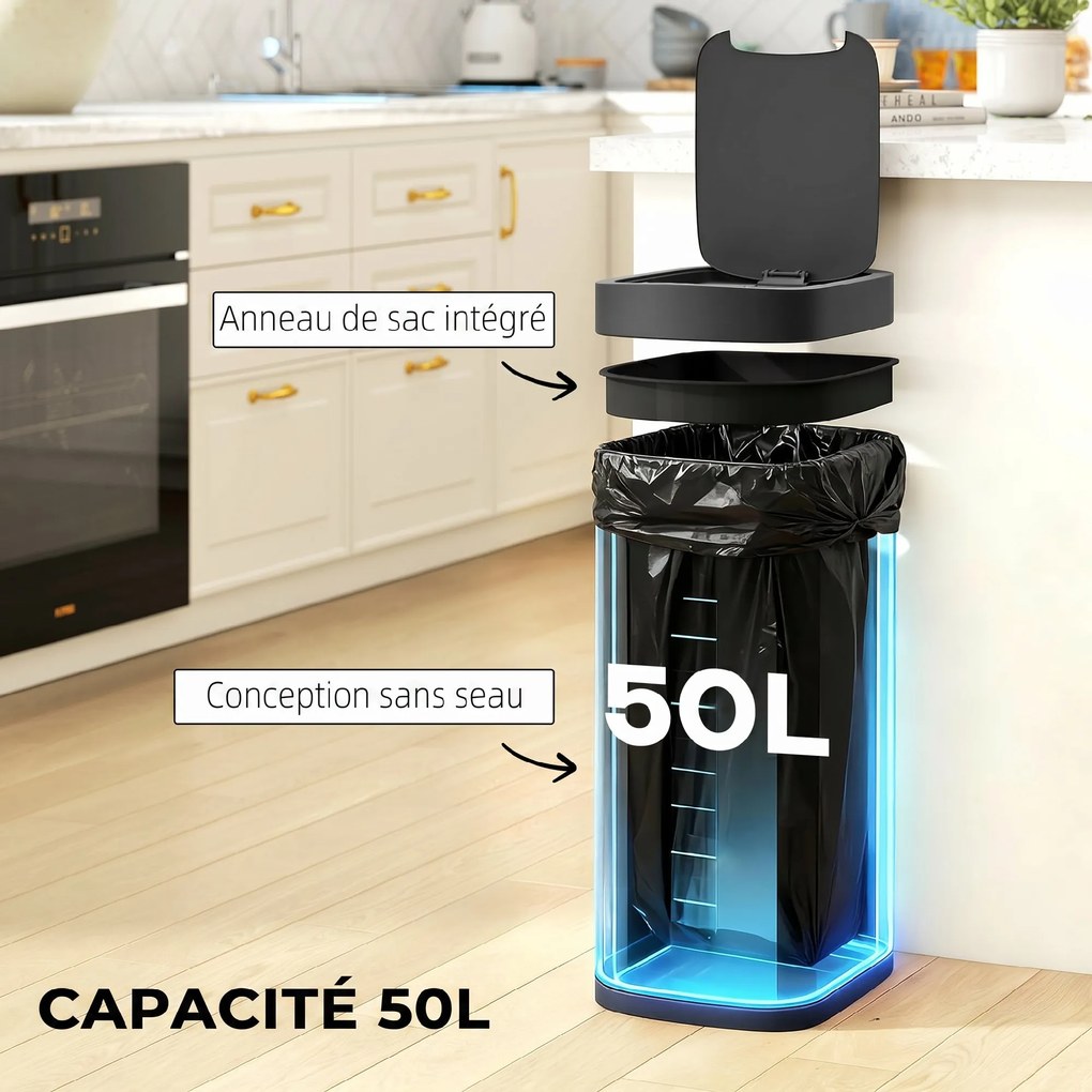 Caixote do lixo de cozinha automático de 50 L, com sensor de movimento, funciona a pilhas, 26,5 x 35,5 x 68 cm, prateado
