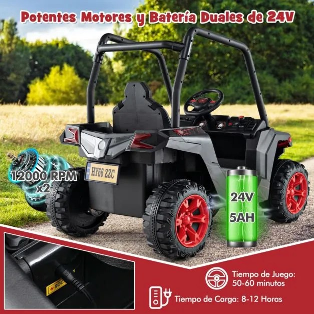 Carro de brincar a bateria de 24V com controlo remoto 3 velocidades 2 suspensões de mola Música de arranque lento Preto