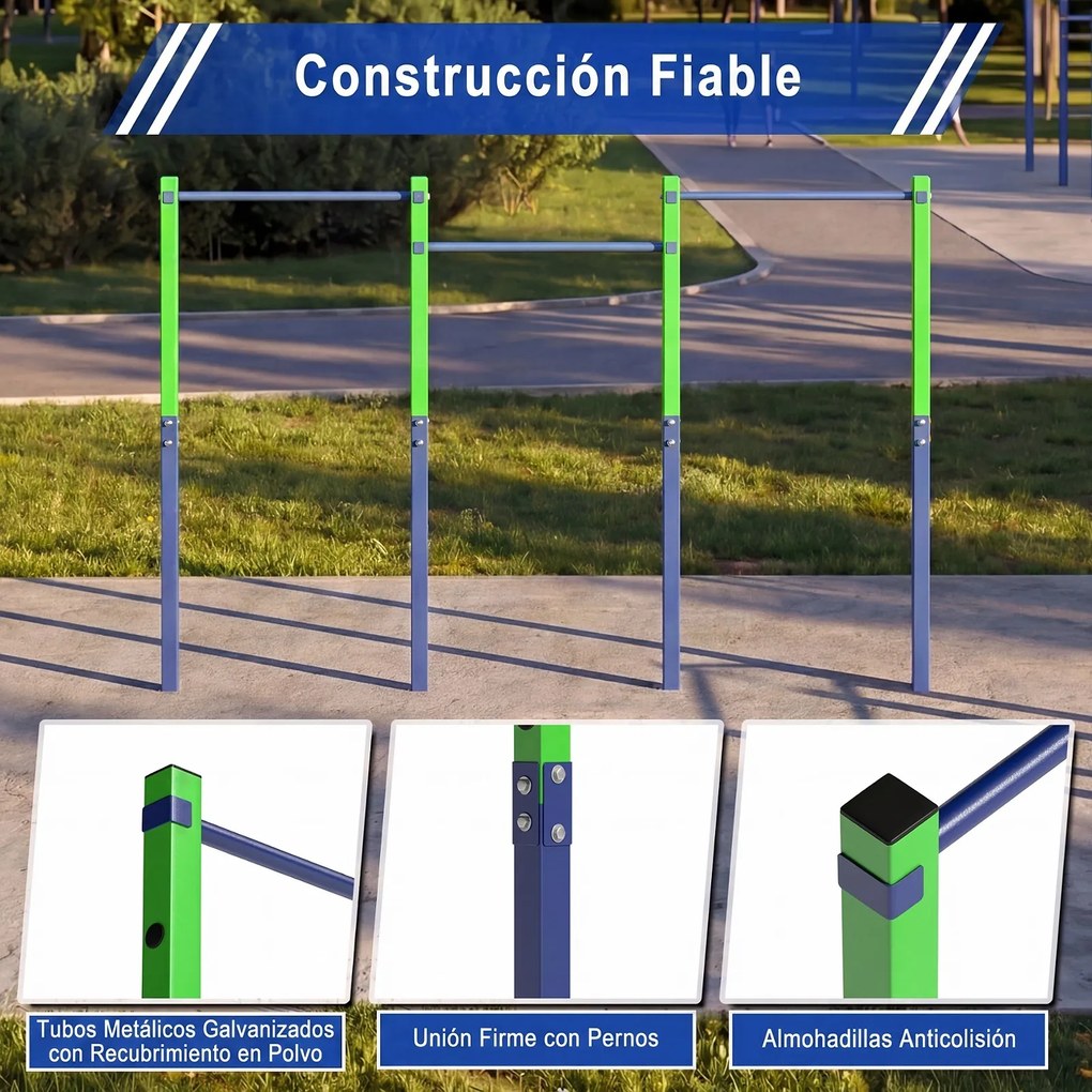 Barra de Elevações Exterior Tripla, 338 x 5 x 231,5 cm, 5 Alturas Ajustáveis, Verde
