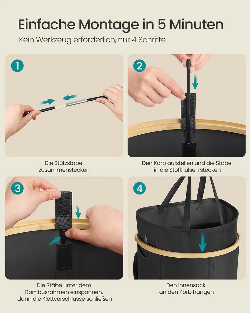 Cesto para roupa suja com tampa e saco removível 42,5 x 32,5 x 75 cm preto + bege natural