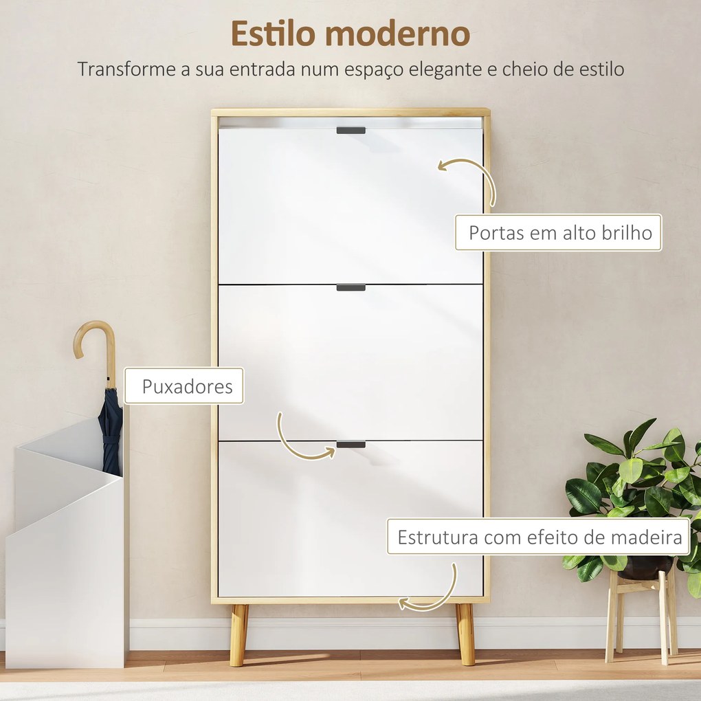 Sapateira Estreita com 3 Portas em Branco Brilhante Prateleiras Ajustáveis Pernas de Madeira para 18 Pares de Sapatos 60x24x127 cm
