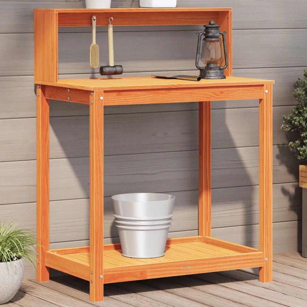 vidaXL Mesa de jardinagem c/ prateleiras madeira pinho maciça castanho