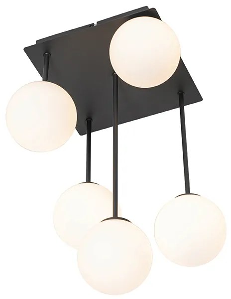 Candeeiro de teto moderno preto com vidro opalino 5 luzes - Athens Moderno
