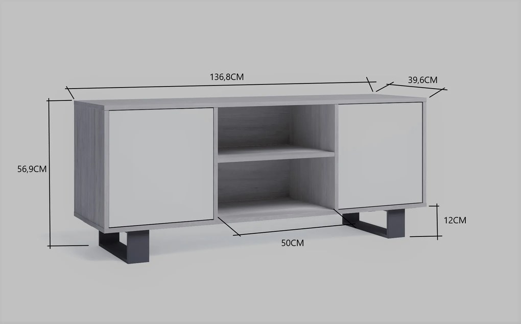 Móvel de TV 140 com 2 portas, sala de estar/jantar, modelo WIND, estrutura cor Cinza Antracite, portas cor Carvalho, medidas 137x40x57cm de altura.