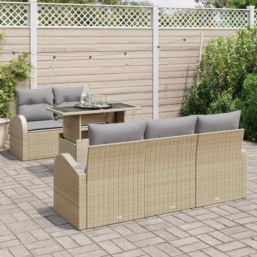 Sofá de Jardim 6 Peças com Almofadas Bege em Rattan Sintético