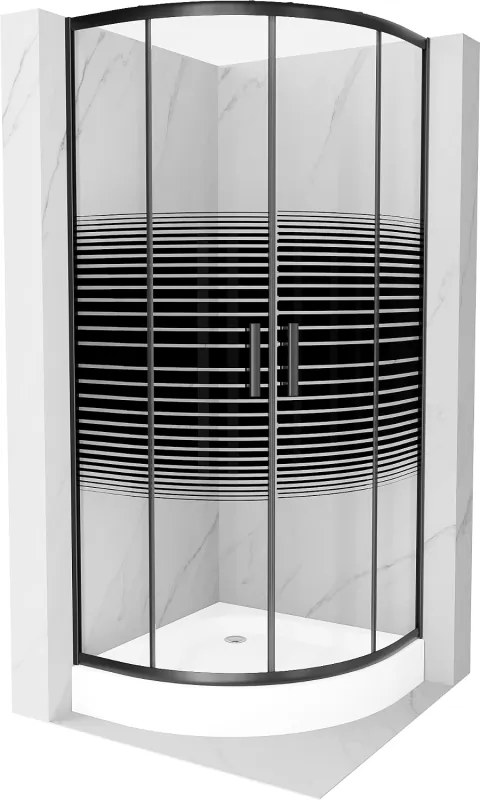 Mexen Rio cabine de duche semicircular 70 x 70 cm, faixas pretas, preta + base de duche, branco - 863-070-070-70-20-4710