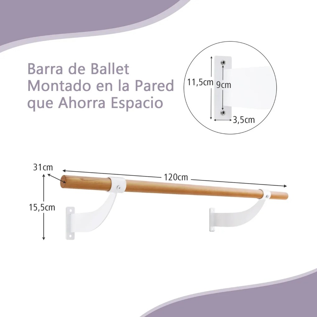 Barra de Ballet de Parede Única 120 cm Barra de Dança em Madeira Altura Fixa para Yoga Alongamento Treino em Casa Ginásio Branco
