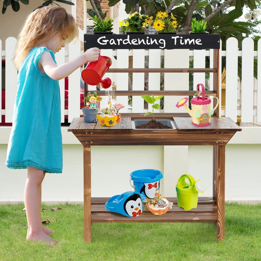 Mesa de jardim para crianças de abeto para crianças dos 3 aos 7 anos com pia amovível 4 vasos Quadro negro adicional Jardim