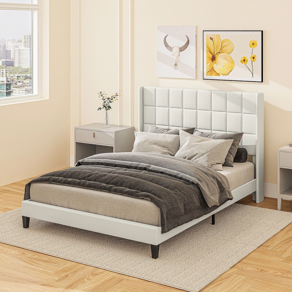 Estrutura de Cama 135x190 cm com Cabeceira Estofada em Linho e Espaço de Armazenamento Debaixo da Cama Bege