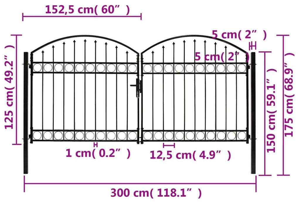 Portão p/ cerca porta dupla e topo arqueado 300x125cm aço preto