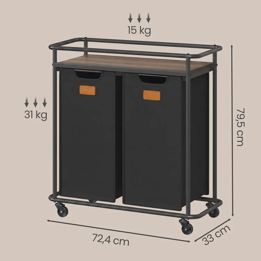 Cesto da roupa suja com 2 compartimentos, rodas e prateleira, 100 L, preto-castanho