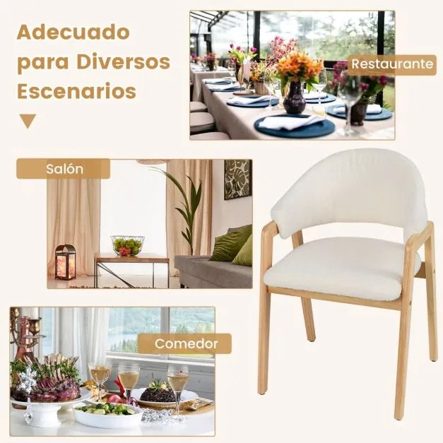 Conjunto de 2 cadeiras de jantar com assento acolchoado e encosto curvo ergonómico, estrutura em madeira de borracha branca e natural