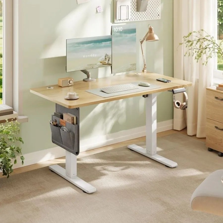 Secretária elétrica com altura ajustável 60 x 120 x (72-120) cm branca e bege