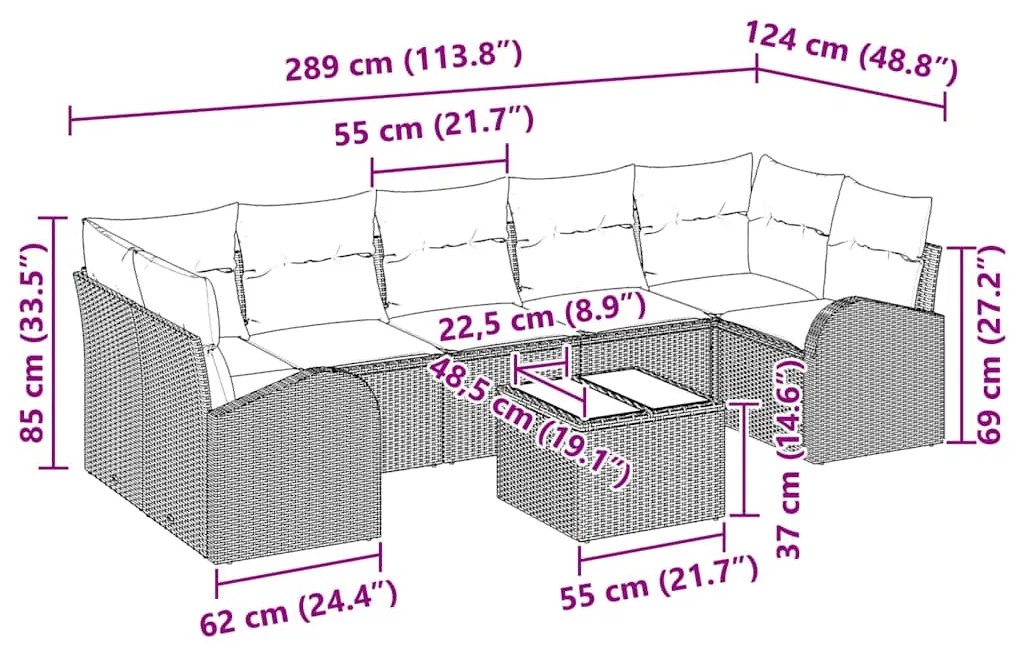 Conjunto de sofá para o jardim com 8 peças e almofadas marrons em ratt
