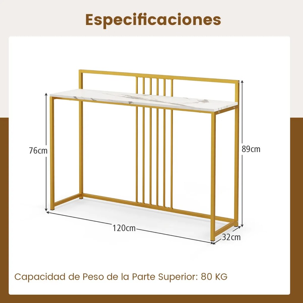 Mesa Consola de entrada com superfície em mármore artificial e estrutura em metal dourado 120 x 32 x 89 cm Branco + Dourado