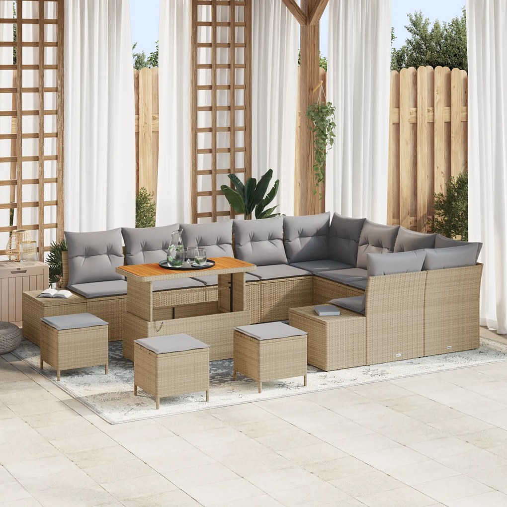 Conjunto de Sofá de Jardim de 13 Peças com Almofadas Bege Rattan Poli