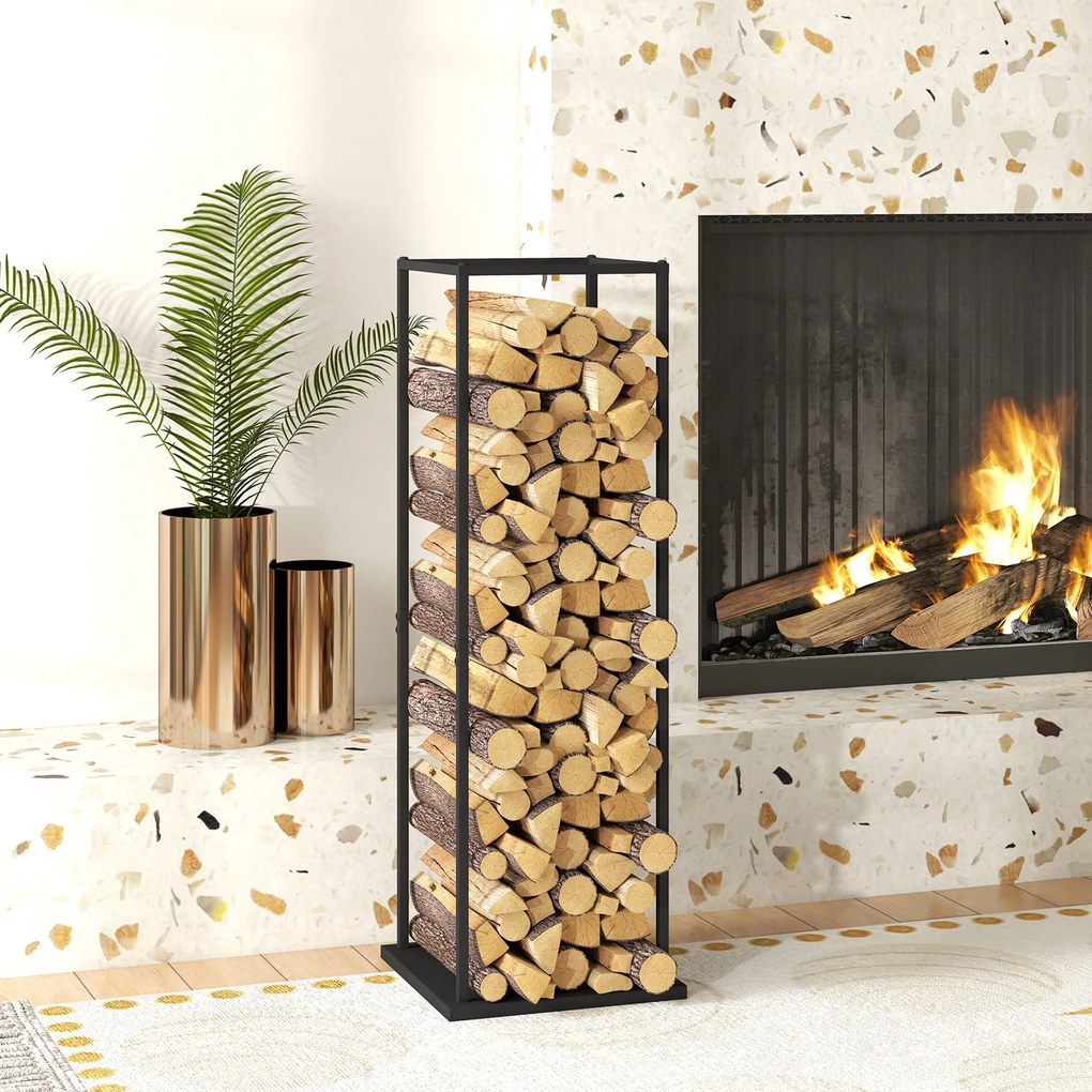 Suporte para Lenha Metálico para Lareira com Base Elevada Capacidade de 100 kg 33x33x110 cm Preto