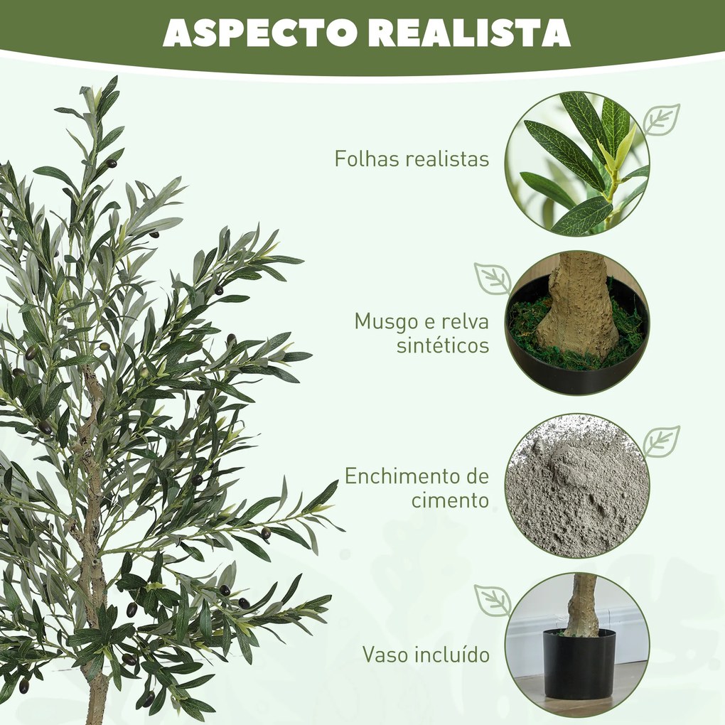 Oliveira Artificial Planta Artificial Decorativa de Interior com 40 Azeitonas Decoração  Ø15x180 cm Verde
