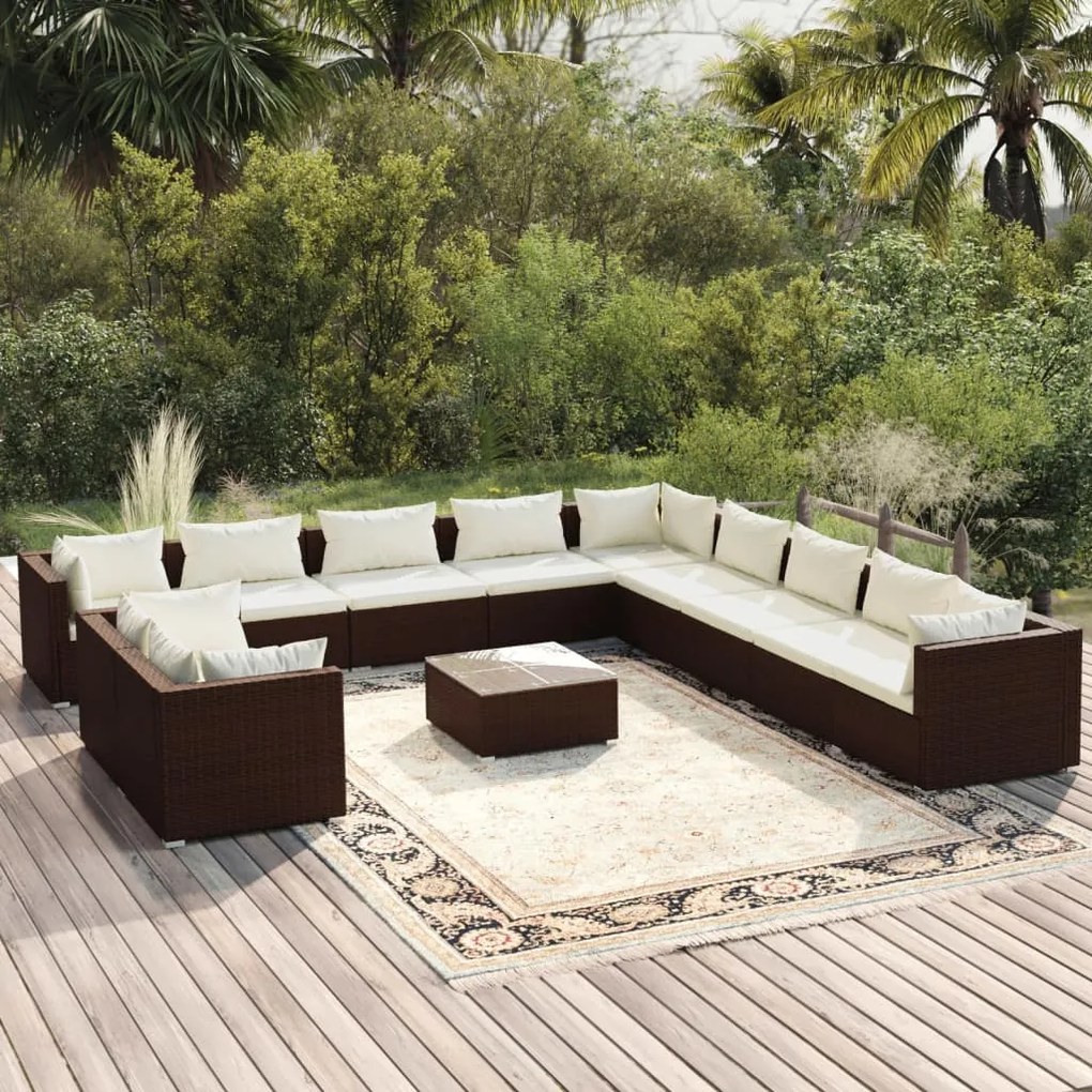 vidaXL 12 pcs conjunto lounge jardim c/ almofadões vime PE castanho