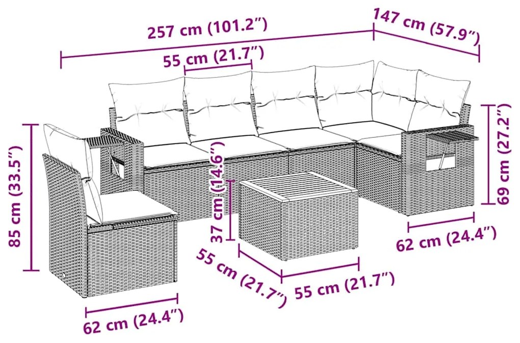 7 pcs conjunto de sofás p/ jardim c/ almofadões vime PE preto
